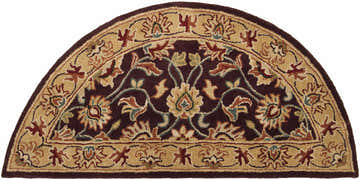 Close-up of the Hearth-shaped Cherryfield Burgundy 1024 Wool Area Rug. Features a floral pattern in burgundy, beige, and olive tones. Design-Hearth