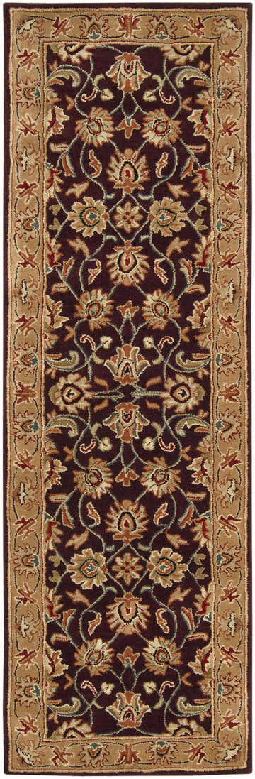 Close-up of the Cherryfield Burgundy 1024 wool rug. Features a traditional floral pattern in burgundy, beige, and tan. Design-Runner-268