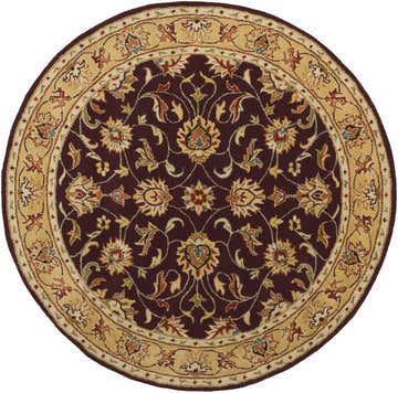 Close-up of a round Cherryfield Burgundy 1024 rug. The wool rug has a beige floral border and a burgundy center. Design-Round-6