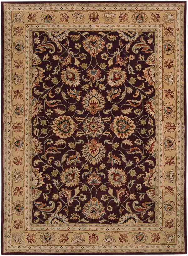Detailed floral pattern of the Cherryfield Burgundy 1024 Wool Area Rug with beige border. Design-Rectangle-811
