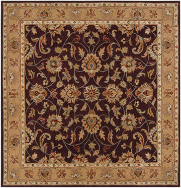 Detailed floral pattern on a square Cherryfield Burgundy 1024 Wool Area Rug with beige border. Traditional style. Design-Square-8