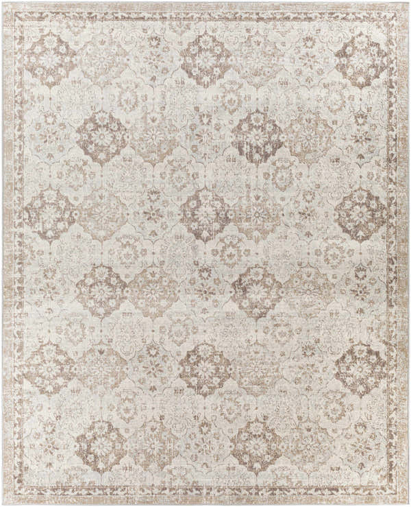 Close-up of Chilworth Area Rug. Bohemian design in gray, ivory, light slate, and tan. Machine woven polypropylene rug. Design-Rectangle-71010