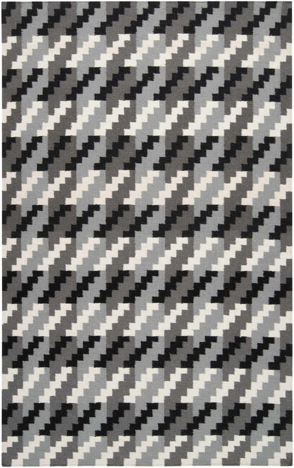 Close-up of the hand woven Chireno Area Rug. Contemporary design in black, light beige, and slate wool. Design-Rectangle-58