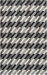 Close-up of the hand woven Chireno Area Rug. Contemporary design in black, light beige, and slate wool. Design-Rectangle-58