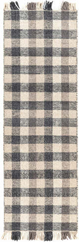 Close-up of the hand woven Chilliwack Gray Plaid Wool Rug, featuring a charcoal and cream checkered pattern and fringed edges. Design-Runner-268
