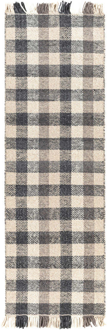 Close-up of the hand woven Chilliwack Gray Plaid Wool Rug, featuring a charcoal and cream checkered pattern and fringed edges. Design-Runner-268