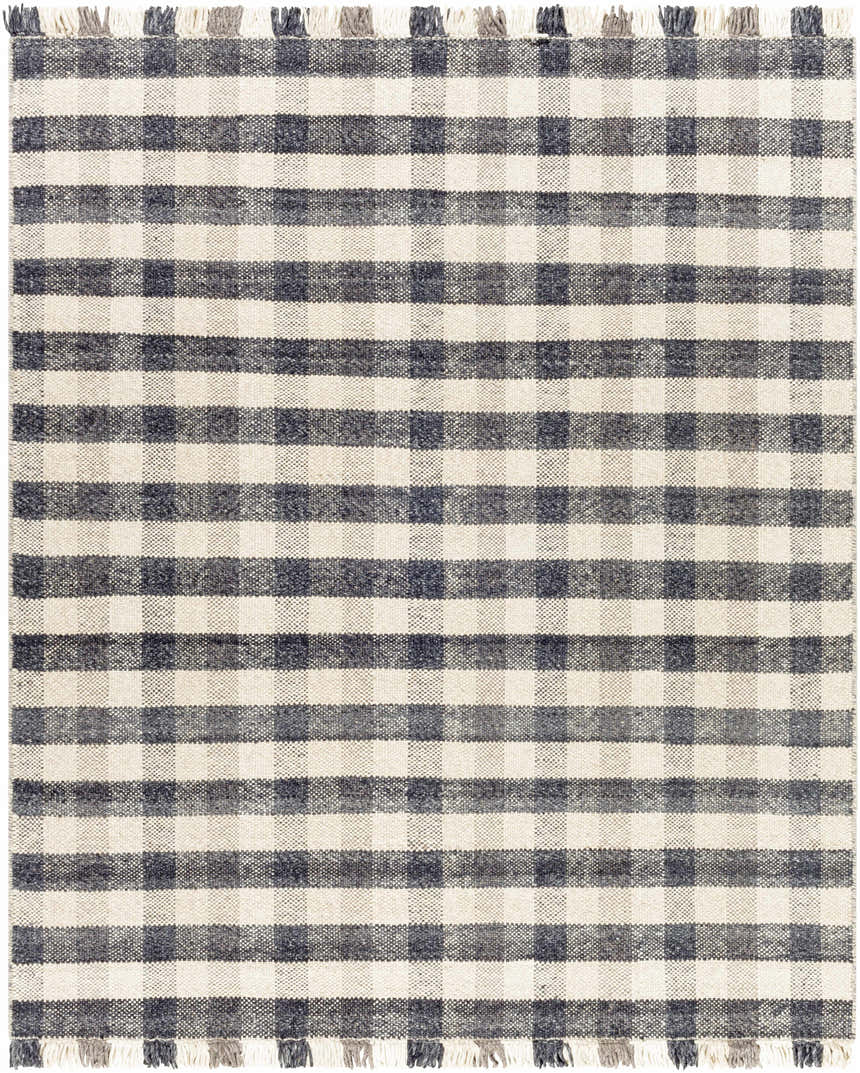 Close-up of the Chilliwack Gray Plaid Wool Rug, featuring a charcoal and cream woven check pattern with fringed edges. Design-Rectangle-810