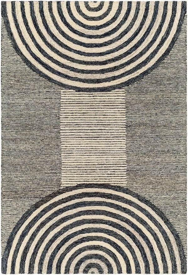 Close-up of the Chantesuta Modern Wool Rug, showcasing its beige and black striped semicircle and linear pattern. Design-Rectangle-576