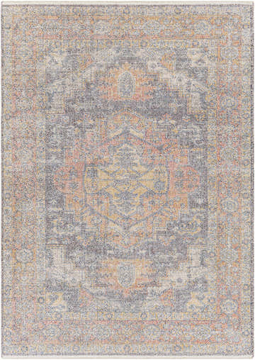Close-up of the Choi Area Rug. Traditional oriental rug design in dark blue, light gray, pink, pale blue, and red. Design-Rectangle-537