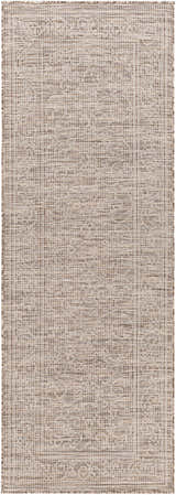 Close-up of the Coolville Brown Flatweave Area Carpet, featuring a subtle geometric pattern in brown, cream, and tan. Design-Runner