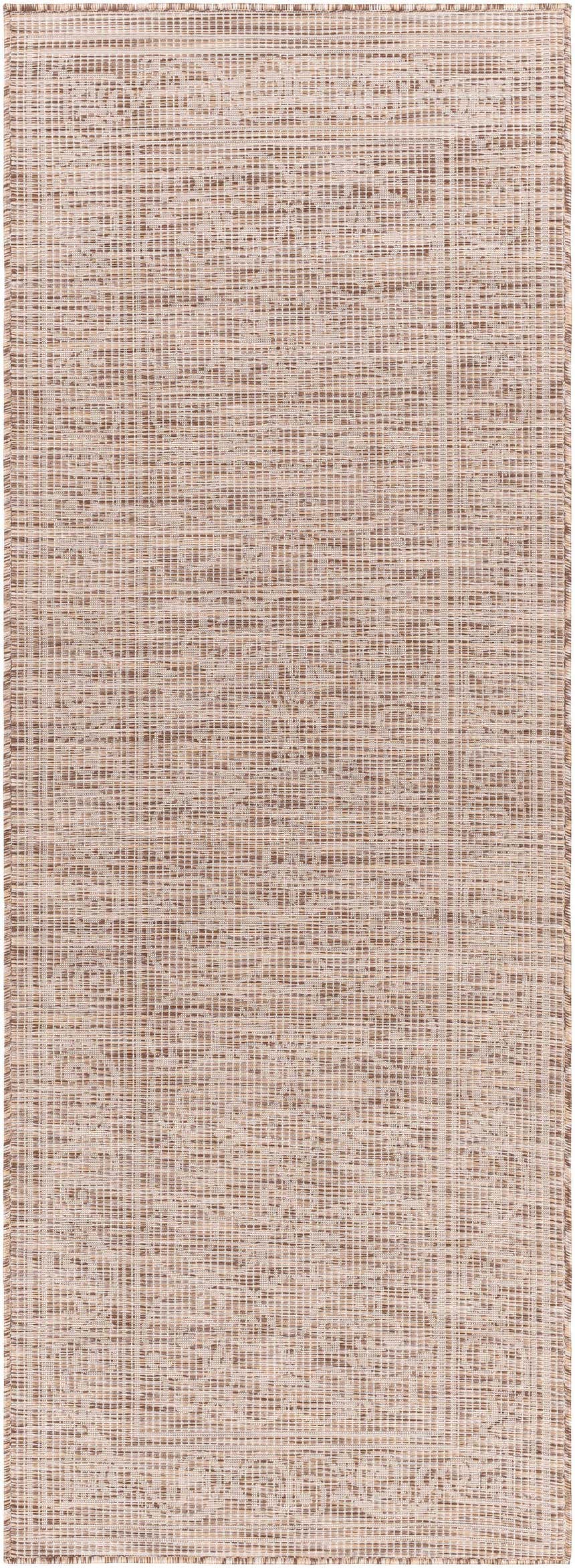 Close-up of Coolville Brown Flatweave Area Carpet showing woven texture and subtle pattern in brown, cream, and tan. Design-Runner-2773