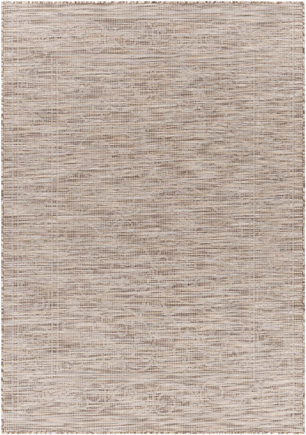 Close-up of the Coolville Brown Flatweave Area Carpet, showcasing its woven texture in brown, cream, and tan. Design-Rectangle-537