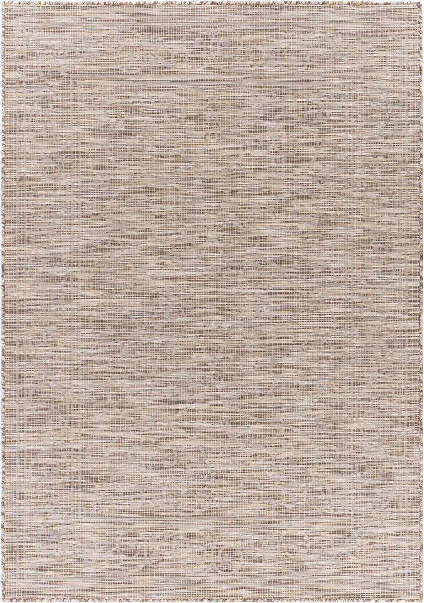 Close-up of the Coolville Brown Flatweave Area Carpet, showcasing its woven texture in brown, cream, and tan. Design-Rectangle-537