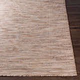 Close-up of Coolville Brown Flatweave Area Carpet showing its woven texture and neutral brown, cream, and tan colors. Front