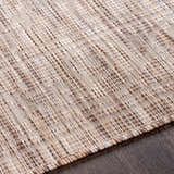Close-up of the Coolville Brown Flatweave Area Carpet showing its textured weave and neutral brown, cream, and tan colors. Texture
