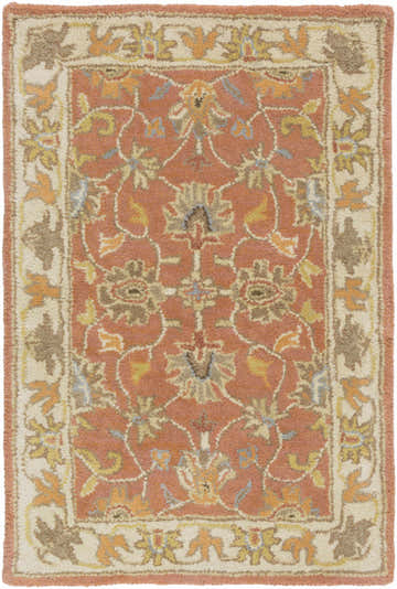 Close-up of the Caesar Hand Tufted Burnt Orange 1124 Wool Carpet. Features a traditional floral pattern in rust, orange, brown, and cream. Design-Rectangle-23