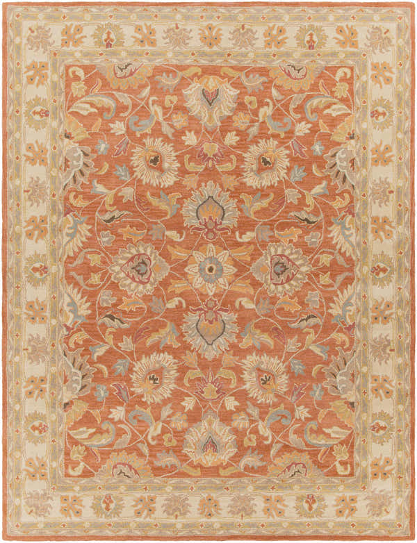 Close-up of the Caesar Hand Tufted Burnt Orange 1124 Wool Carpet. Features a floral pattern and a neutral border. Design-Rectangle-7696