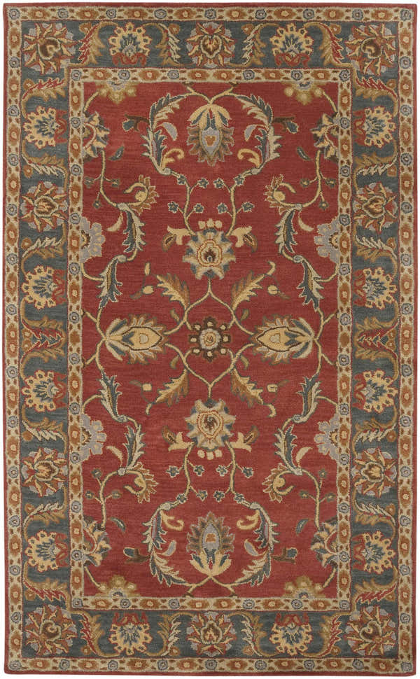 Detailed Charlottesville Tufted Wool Rug in brick red with floral and leaf pattern and navy border. Design-Rectangle-58