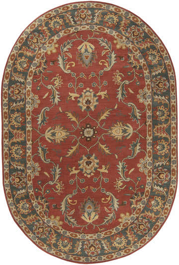 Oval Charlottesville Tufted Wool Rug with a brick red field and ornate floral pattern in gray, mustard, and brown tones. Design-Oval-69