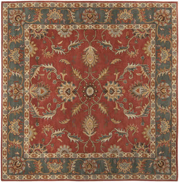 Close-up of the Charlottesville Tufted Wool Rug. Features brick red, dark brown, and light gray floral pattern. Hand-tufted wool. Design-Square-8