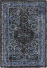 Detailed texture of the hand-knotted Chesham Clearance Rug in charcoal, dark blue, and teal. Design-Rectangle-23