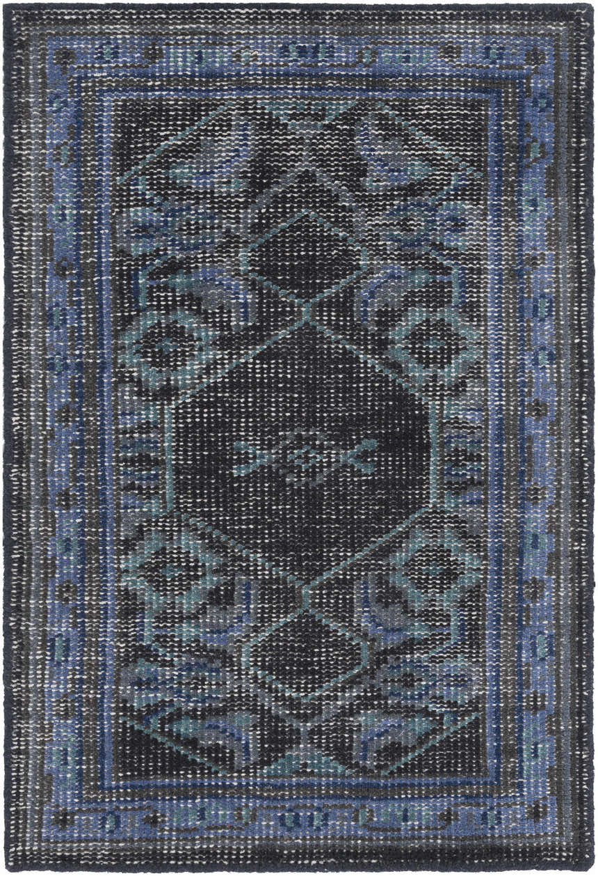 Detailed texture of the hand-knotted Chesham Clearance Rug in charcoal, dark blue, and teal. Design-Rectangle-23