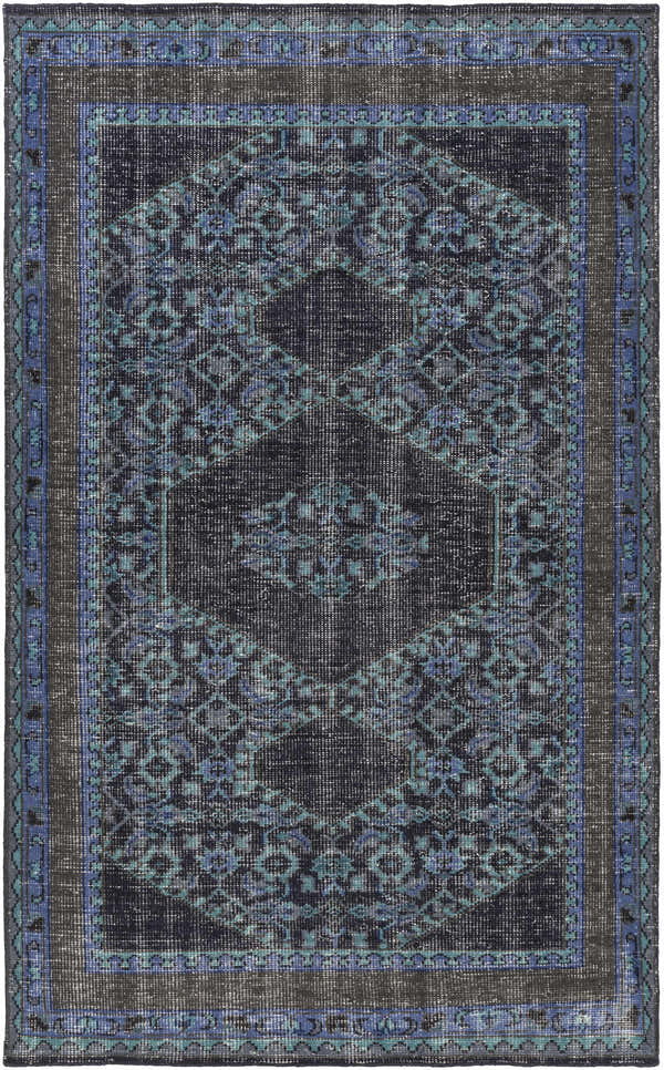 Hand knotted Chesham Clearance Rug in charcoal, dark blue, and teal. Traditional rectangular wool rug. Design-Rectangle-5686