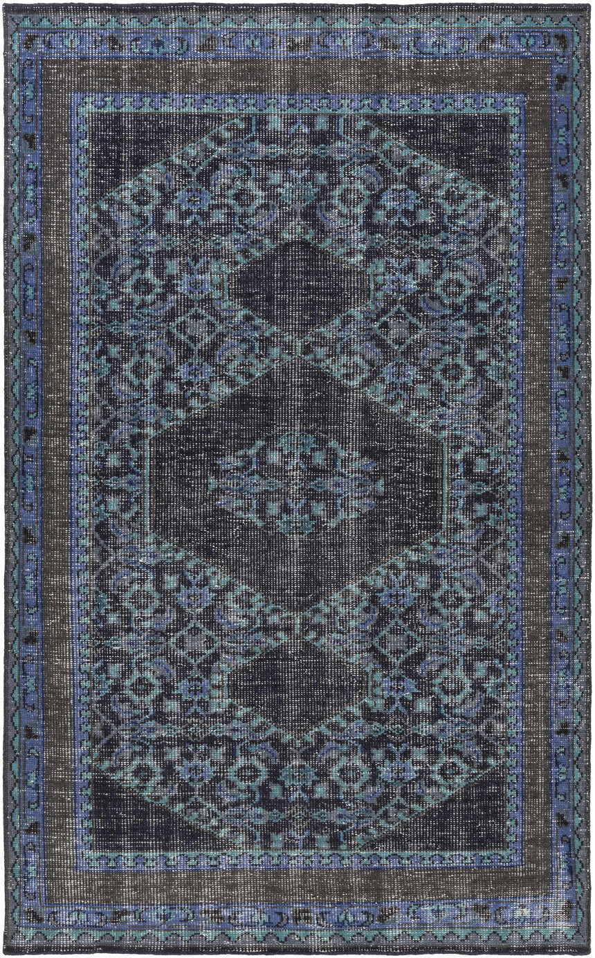 Hand knotted Chesham Clearance Rug in charcoal, dark blue, and teal. Traditional rectangular wool rug. Design-Rectangle-5686