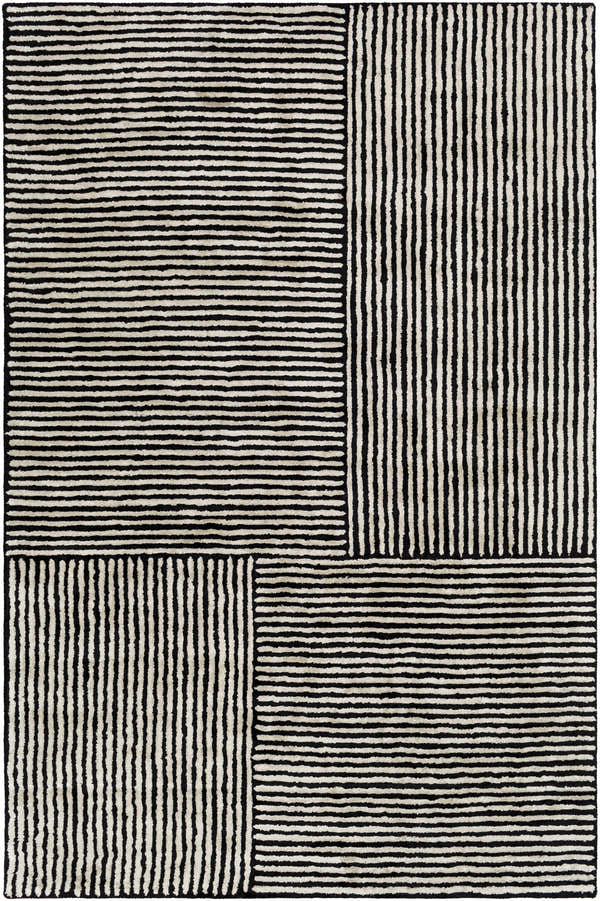 Close-up of Black&White Striped Sheen Viscose Area Rug. Contemporary rug with horizontal and vertical black stripes on oatmeal. Design-Rectangle-576