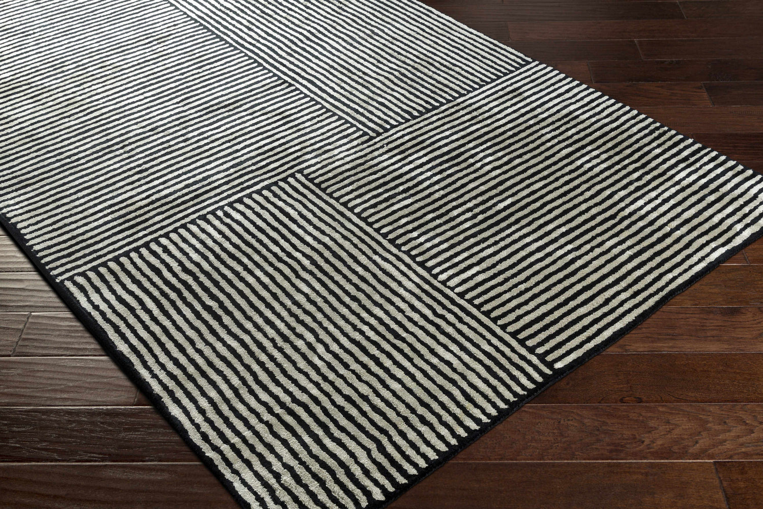 Black&White Striped Sheen Viscose Area Rug