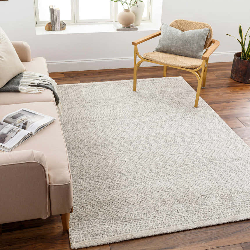 Living room scene with a bone-colored Cinco Luxe Rug, a beige sofa, and a straw chair on a dark wood floor. Roomscene-Rectangle
