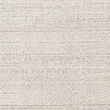 Close-up of the Cinco Luxe Rug showing its bone and gray textured, striped, mid-century modern design. Swatch