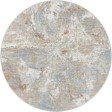Close-up of round Cindy Thick Luxe Boutique Rug. Abstract design in cloud gray, light brown, and blue tones. Design-Round-53