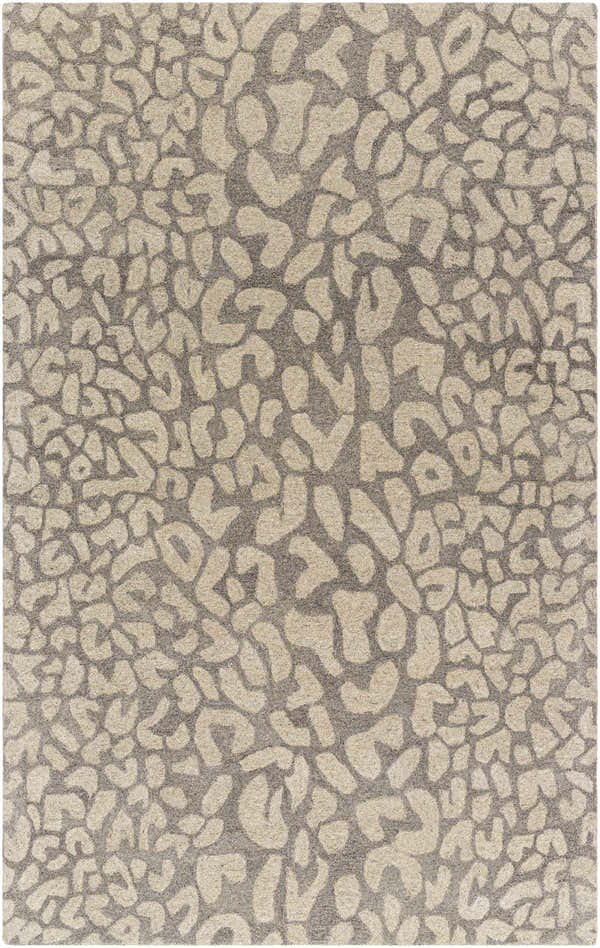 Close-up of the Circa Leopard Print Area Rug in beige and beachhouse colors. Hand-tufted wool rug with a contemporary leopard pattern. Design-Rectangle-58