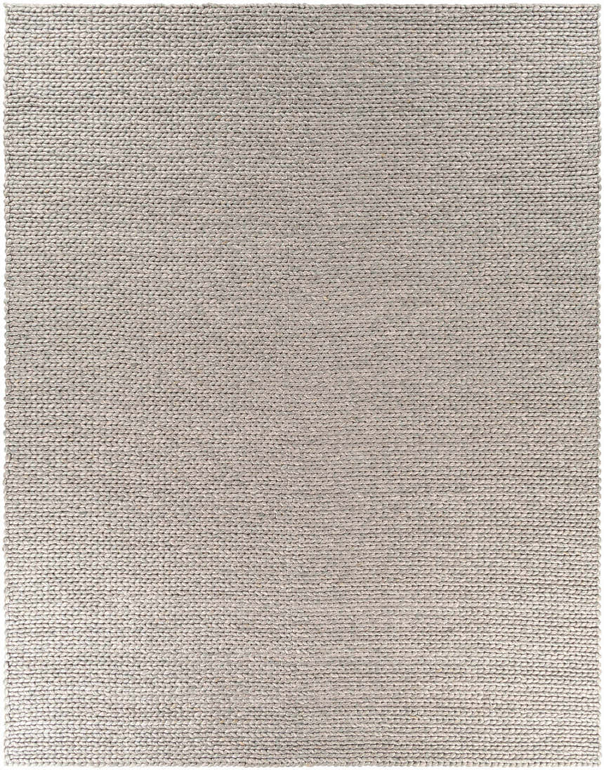 Close-up of the Cirencester Area Rug, showing a hand-woven texture in ivory and medium gray wool and viscose. Design-Rectangle-810
