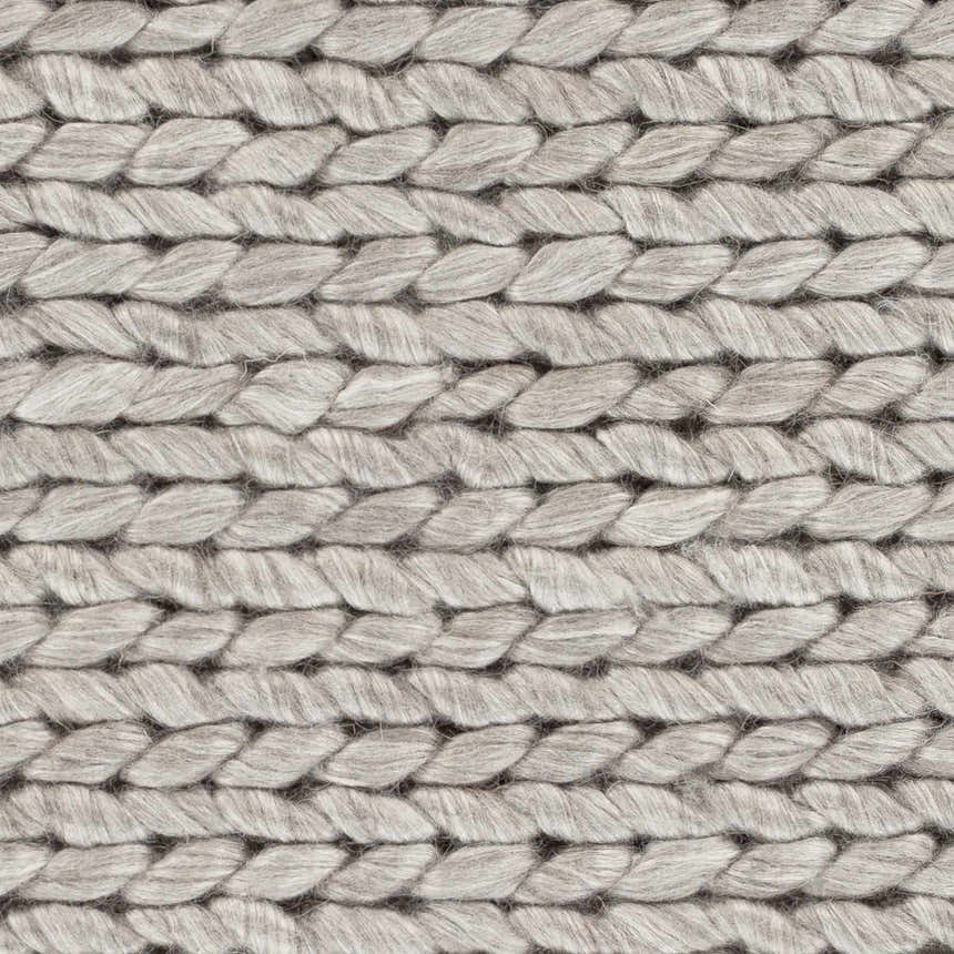 Close-up of the hand woven Cirencester Area Rug. Ivory and medium gray wool and viscose blend. Braided texture. Swatch
