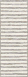 Close-up of Bongaree Gray Striped Outdoor Carpet. Neutral cream and gray woven stripes with subtle texture. Design-Runner-2773