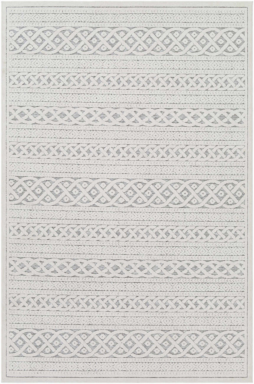 Close-up of the Clenchwarton Textured Beige Rug. Features a geometric, bohemian pattern in light beige and charcoal. Design-Rectangle-5373