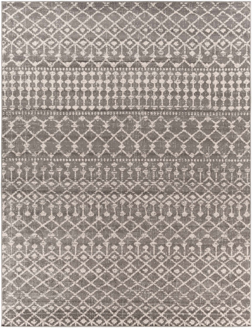 Close-up of the Cliffwood Area Rug: charcoal and light beige diamond pattern, machine woven texture. Design-Rectangle-710103