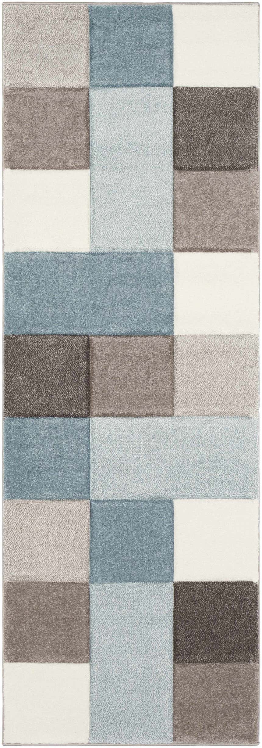 Close-up of the Clinton Area Rug. Features a geometric block pattern in aqua, dark brown, ivory, and taupe hues. Design-Runner-2776
