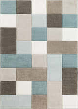 Close-up of the Clinton Area Rug. Contemporary block pattern in aqua, dark brown, ivory, and taupe. Design-Rectangle-5376