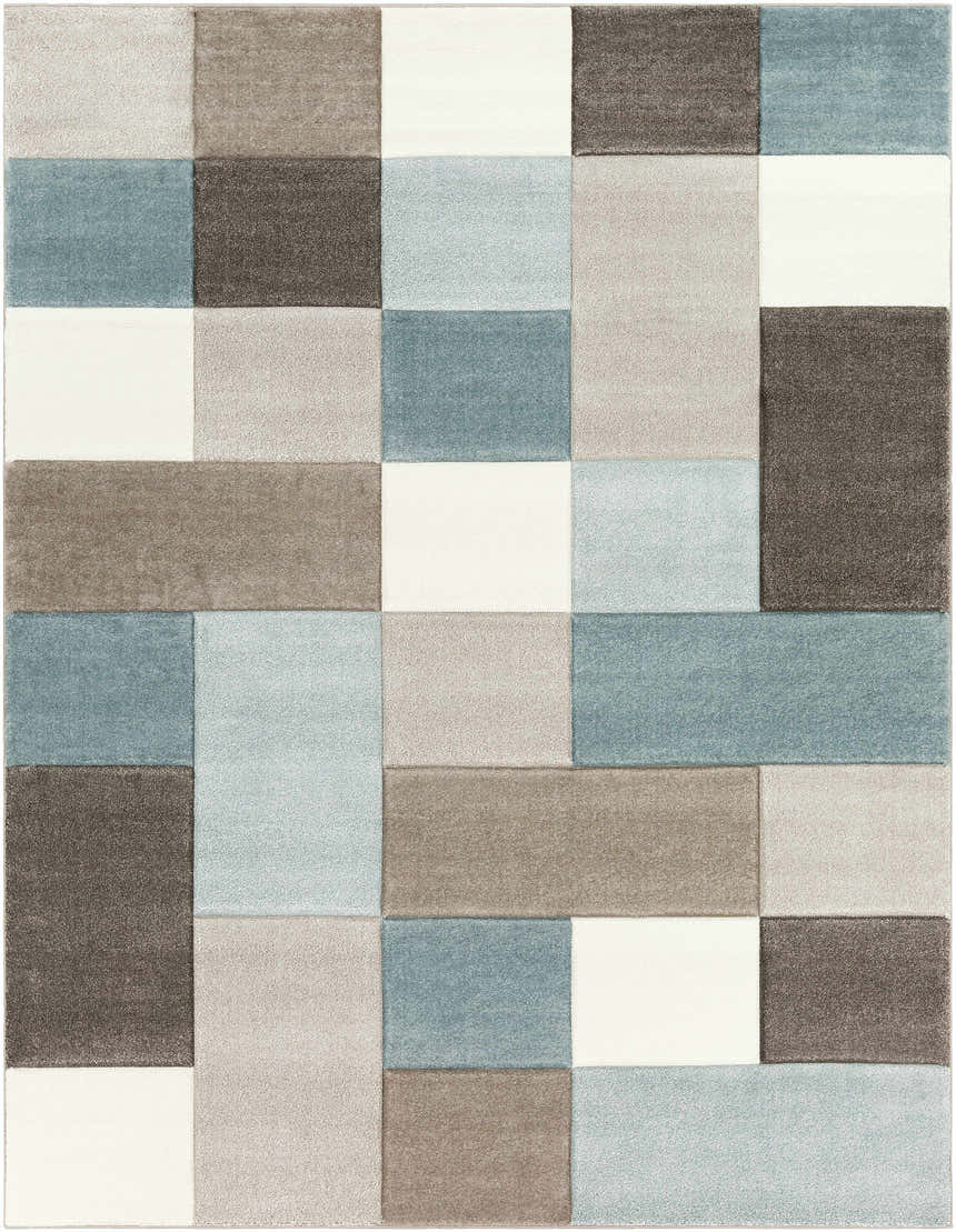 Close-up of Clinton Area Rug. Contemporary block pattern in aqua, dark brown, ivory, and taupe. Machine woven texture. Design-Rectangle-710103