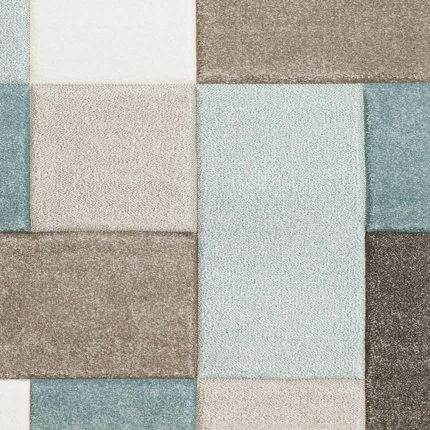 Close-up of the Clinton Area Rug showing a geometric block pattern in aqua, brown, ivory, and taupe. Swatch