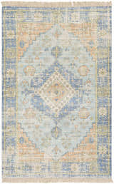 Callaghan Area Rug with blue, peach, and ivory distressed pattern and fringe. Hand woven rug for bathroom, kitchen, or mudroom. Design-Rectangle-576
