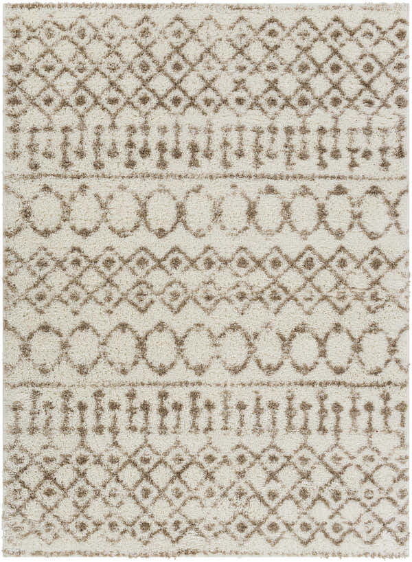 Close-up of the Monarch Cream&Tan Trellis Plush Rug, showcasing its soft texture and bohemian-inspired geometric pattern. Design-Rectangle-5373