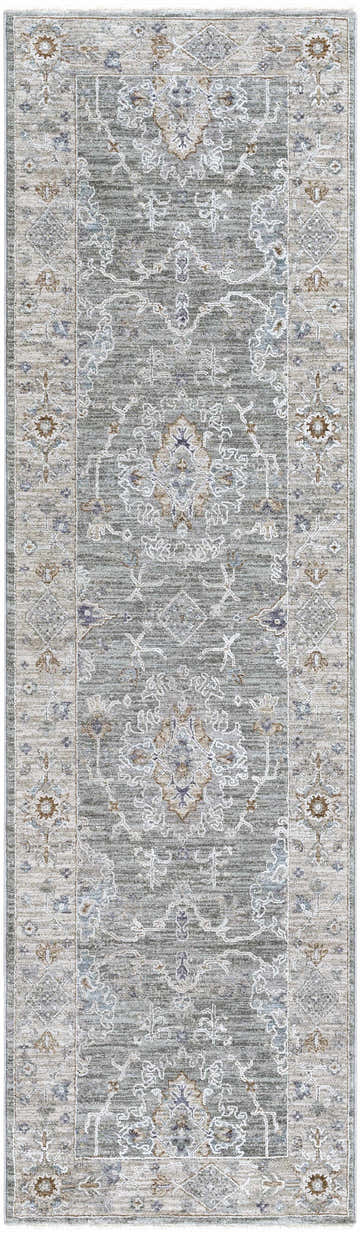 Detailed Clem Boutique Area Rug runner in cream, lavender, olive, pale blue, and sage. Traditional farmhouse style. Design-Runner-2277