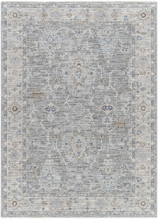 Close-up of Clem Boutique Area Rug. Traditional floral pattern in cream, lavender, olive, pale blue, and sage. Design-Rectangle-537