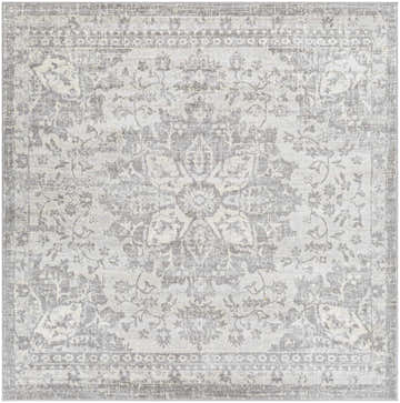 Close-up of the Colonie Area Rug. Gray, ivory, and silver gray tones with a traditional floral and oriental pattern. Design-Square-67