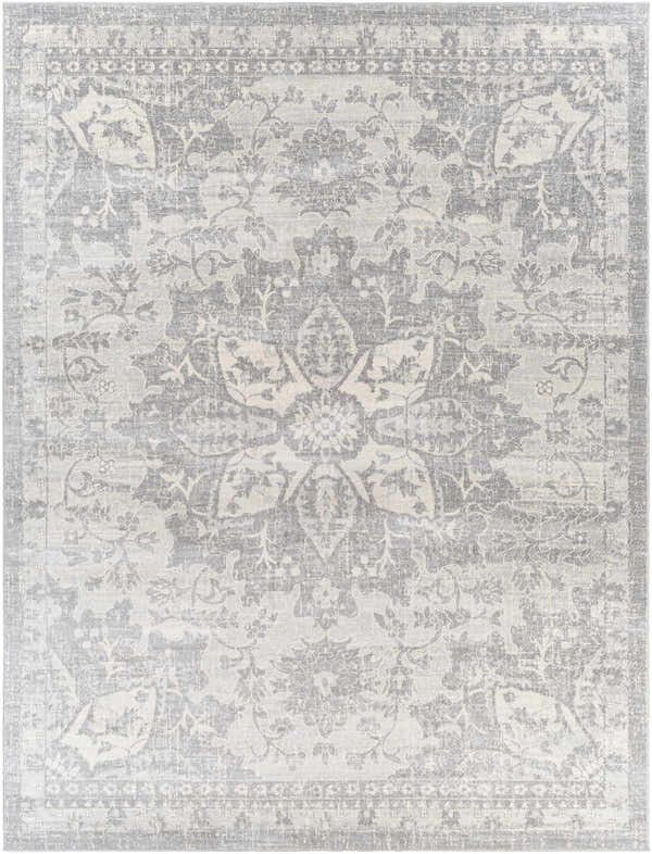 Close-up of Colonie Area Rug, showcasing its traditional floral pattern in gray, ivory, and silver gray hues. Design-Rectangle-710103