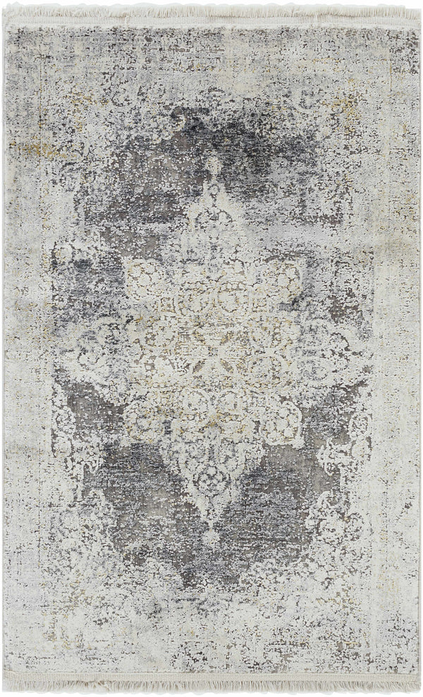 Calion Distressed Charcoal Luxury Fringed Faux Silk Rug